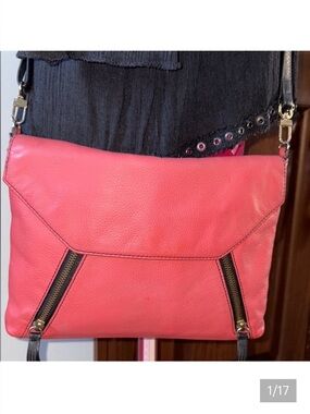 Halogen  Crossbody bag  envelope style pebbled leather  dark, coral, black trim
